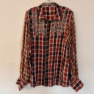 Free People Autumn Mixed Plaid Button Front Embellished Metal Button Shirt LARGE